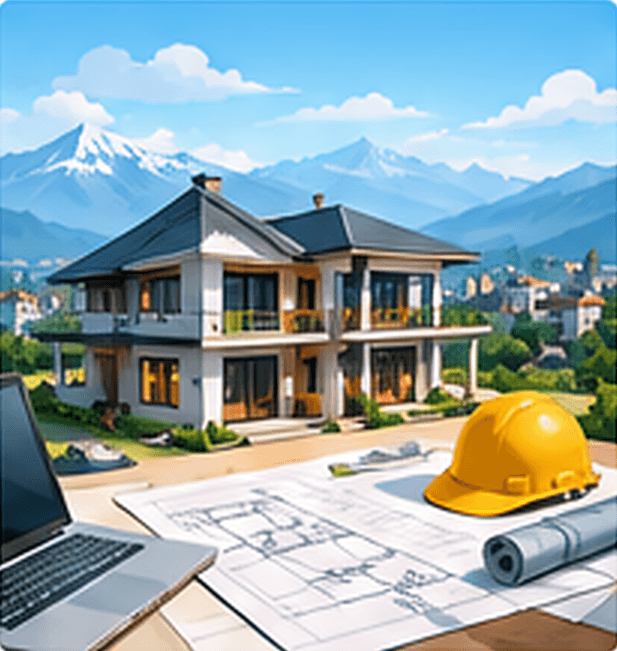 Architectural plans and a hard hat in front of a house model